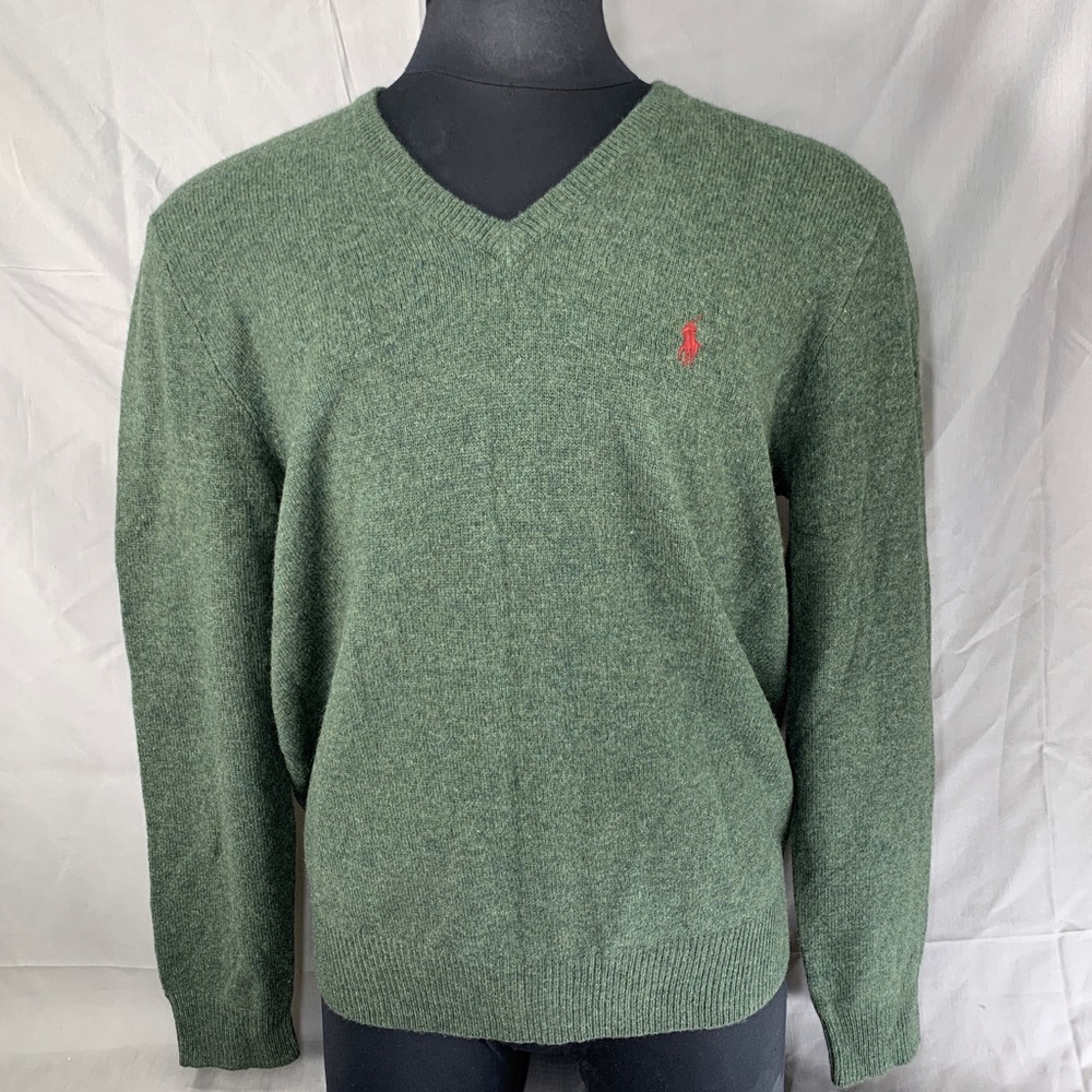 Polo Ralph Lauren Green Lamb Wool V-Neck Sweater